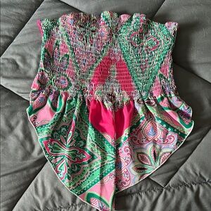 Pink and Green Strapless Smocked Top